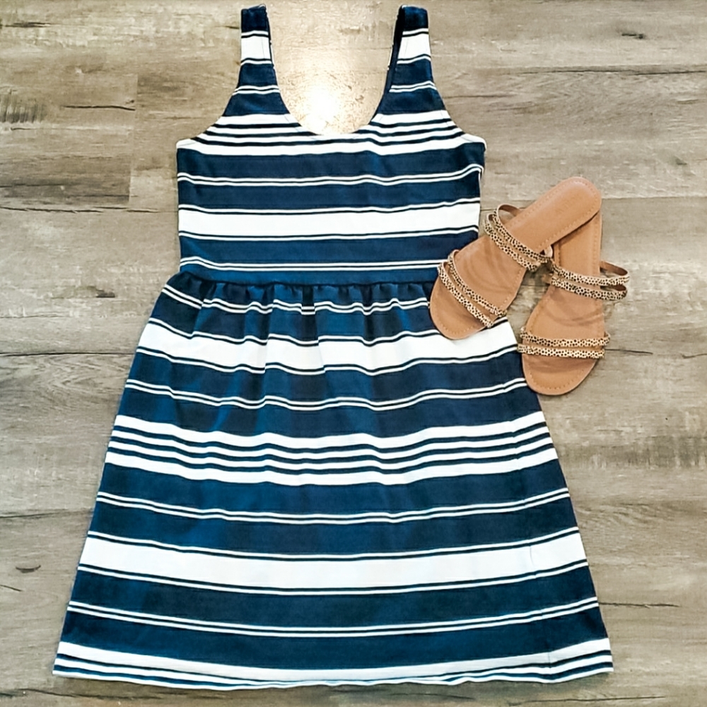 J. CREW Navy White Fit and Flair Sleeveless Dress